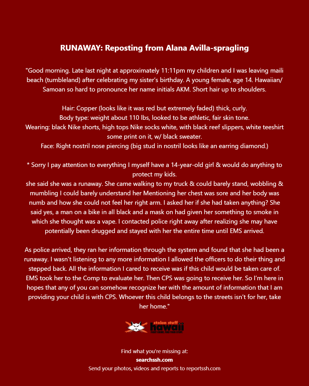 RUNAWAY - Oahu | Stolen Stuff Hawaii