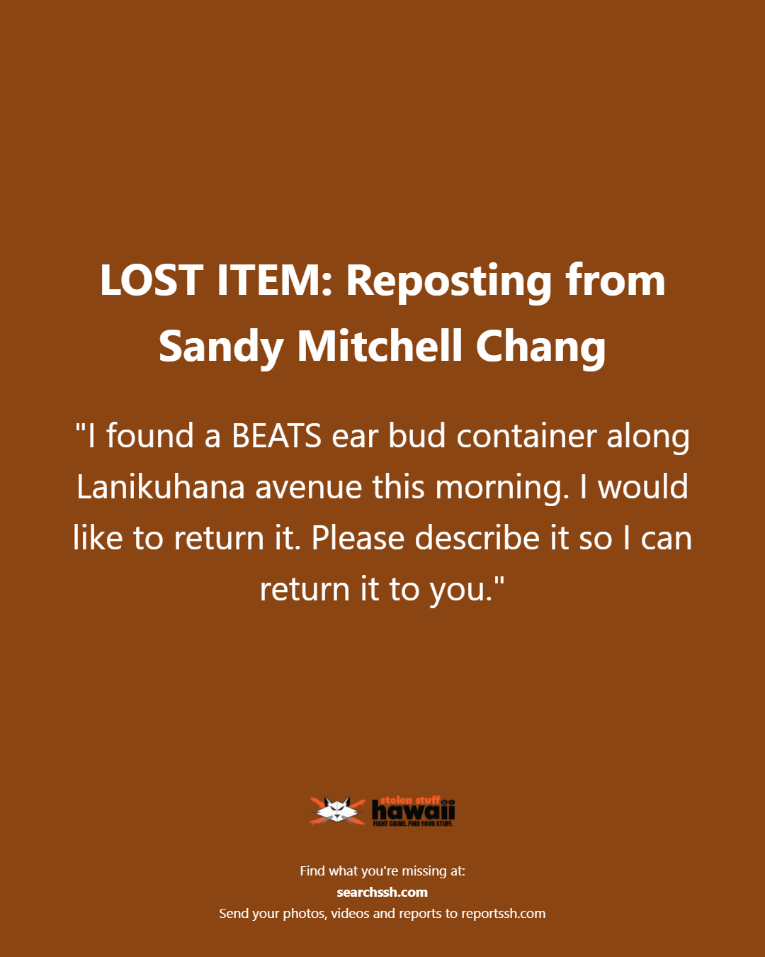 FOUND ITEM - Oahu | Stolen Stuff Hawaii