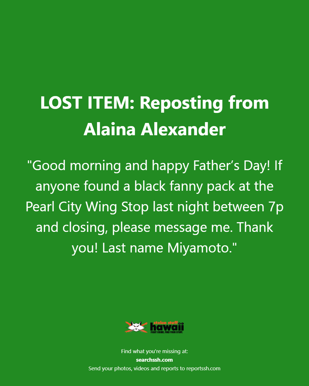 LOST ITEM - Oahu | Stolen Stuff Hawaii