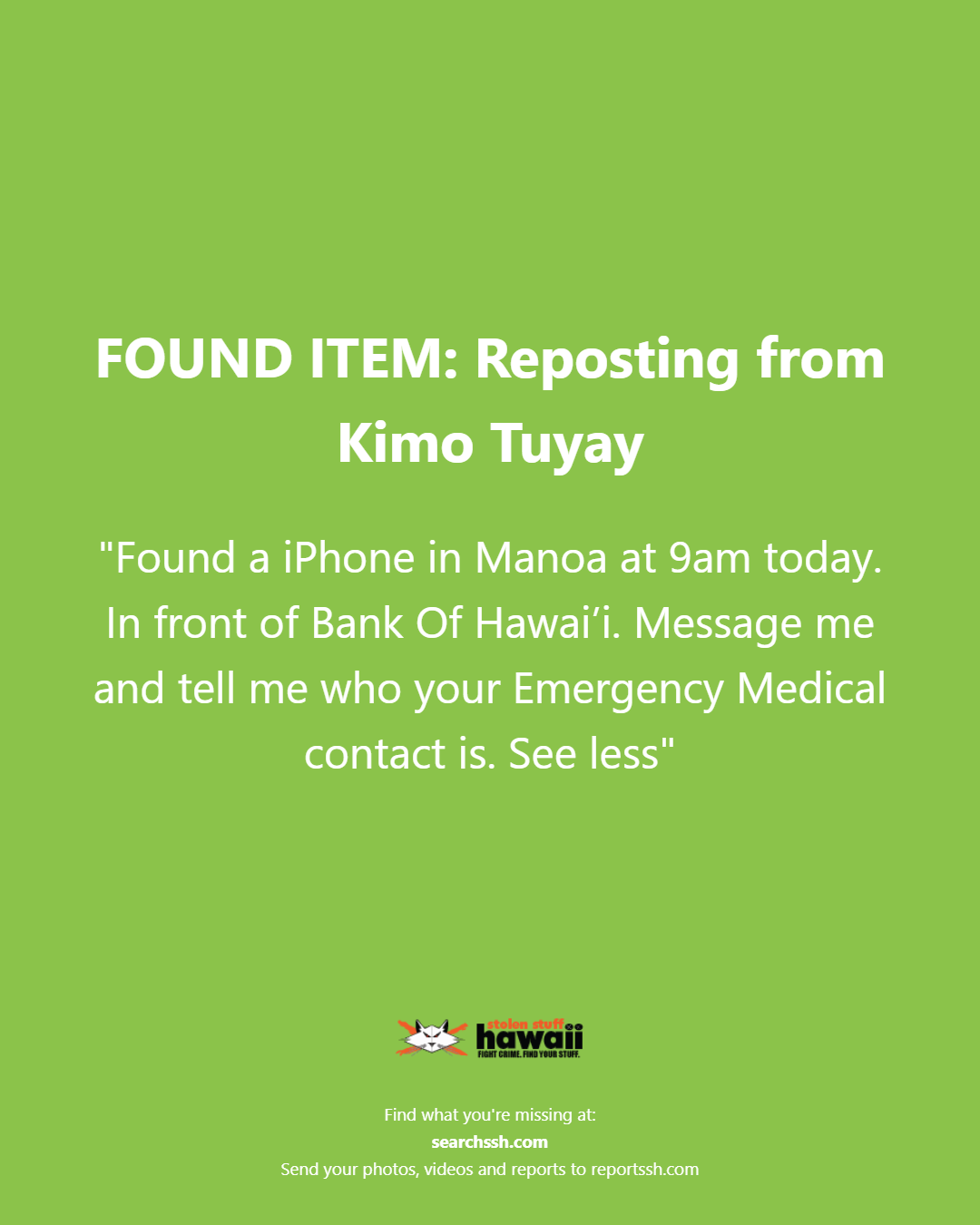 FOUND ITEM - Oahu | Stolen Stuff Hawaii