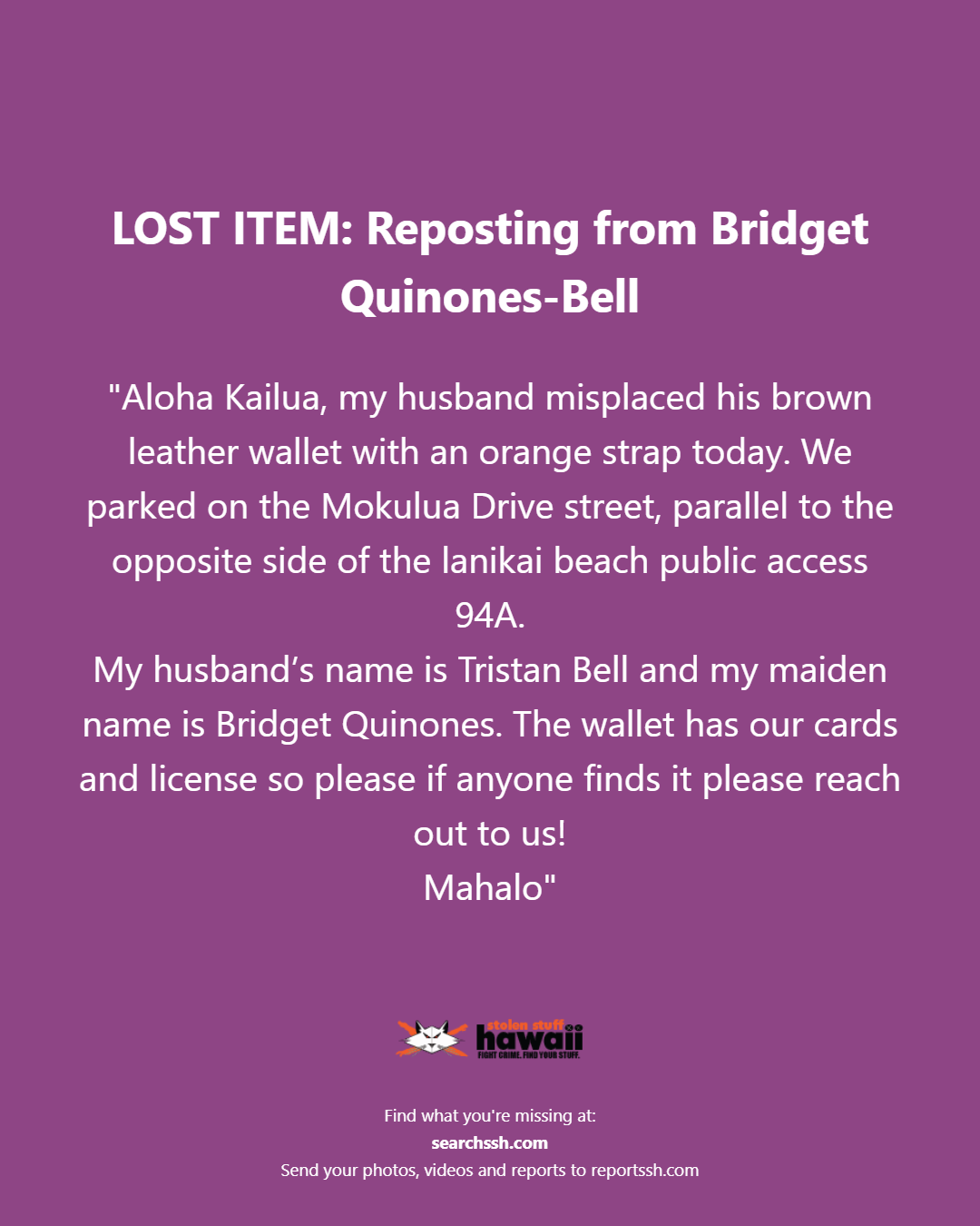 LOST ITEM - Oahu | Stolen Stuff Hawaii