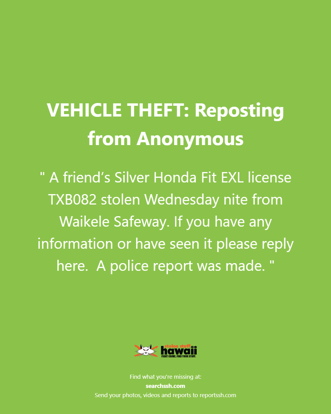 VEHICLE THEFT - Oahu | Stolen Stuff Hawaii