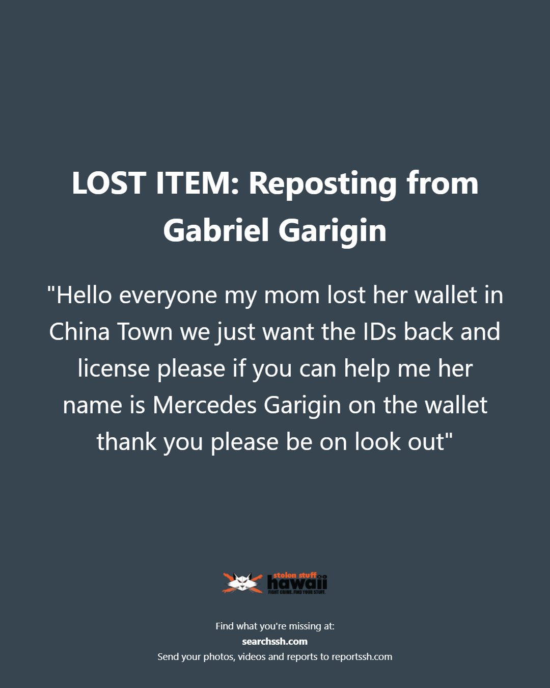 LOST ITEM - Oahu | Stolen Stuff Hawaii