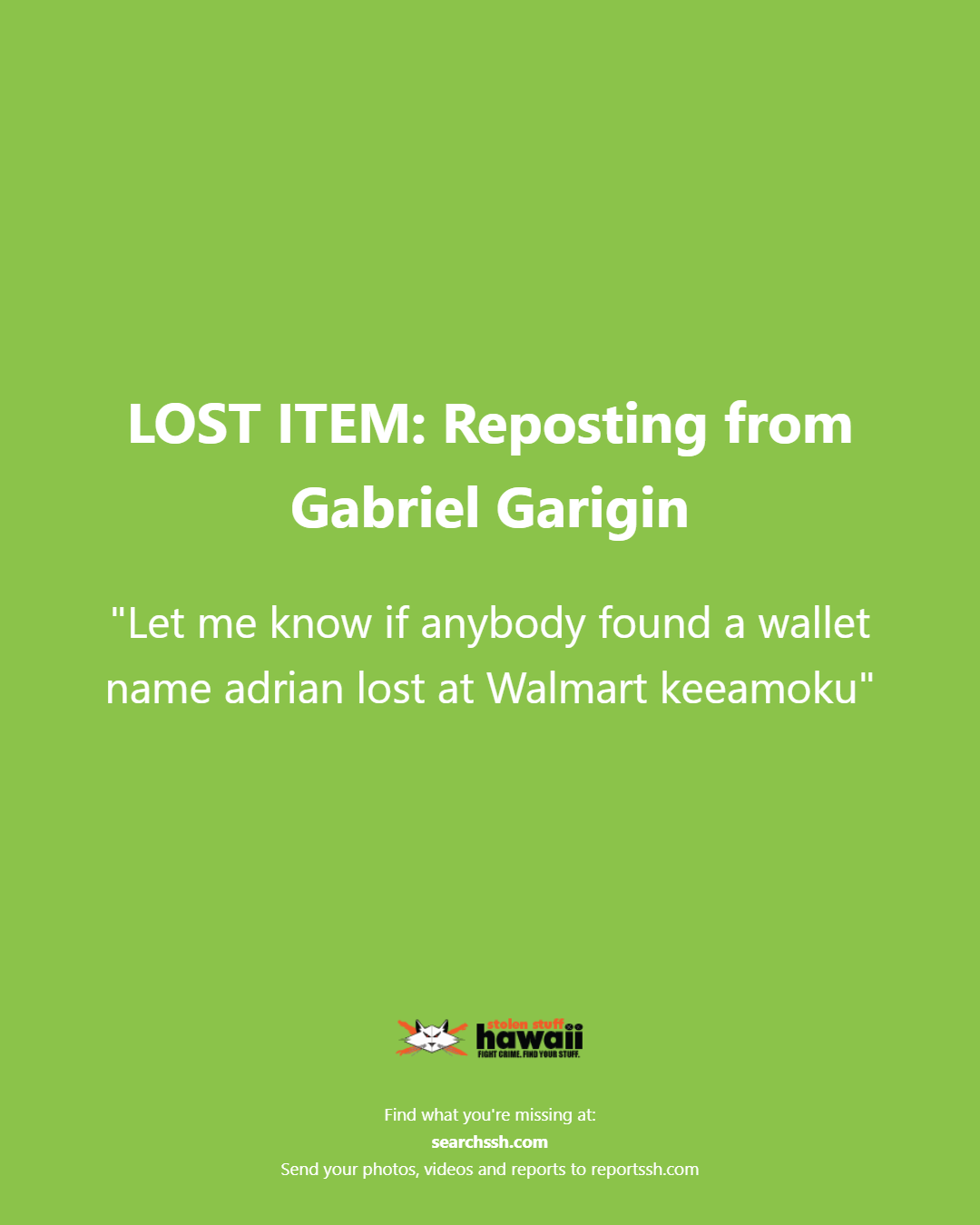 LOST ITEM - Oahu | Stolen Stuff Hawaii