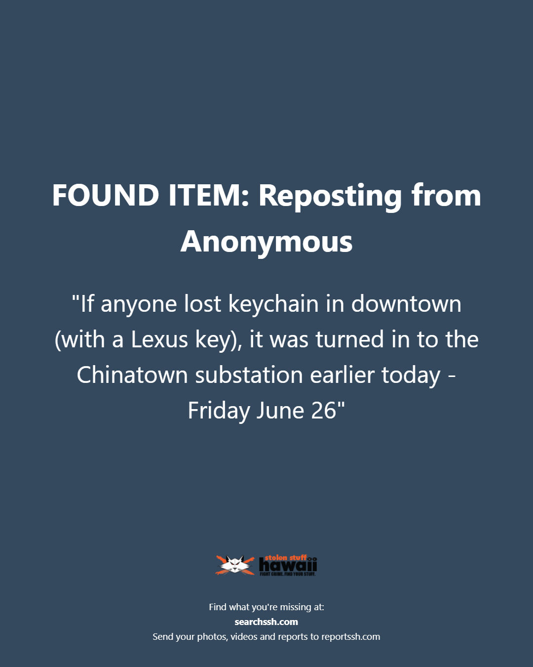 FOUND ITEM - Oahu | Stolen Stuff Hawaii