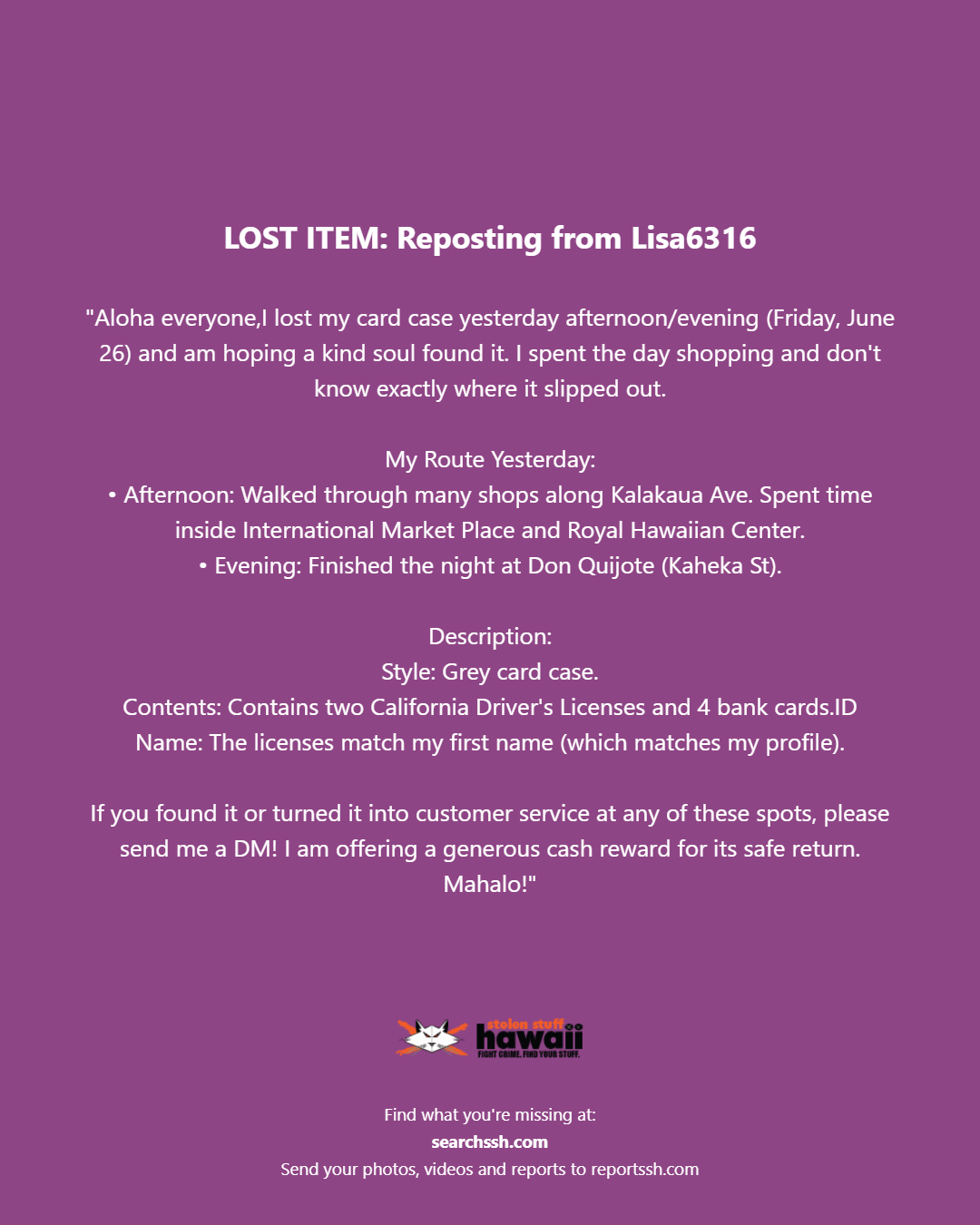 LOST ITEM - Oahu | Stolen Stuff Hawaii