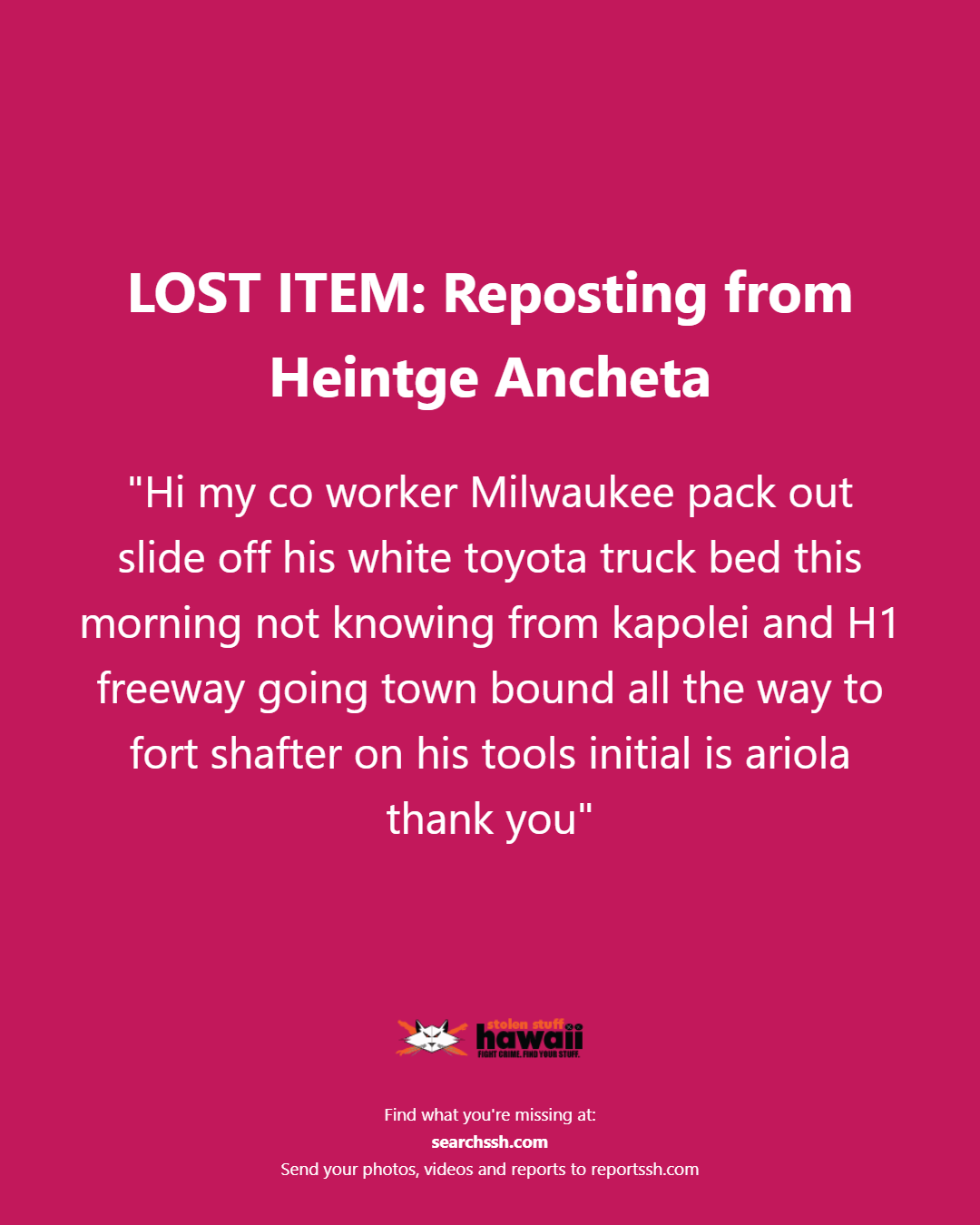 LOST ITEM - Oahu | Stolen Stuff Hawaii