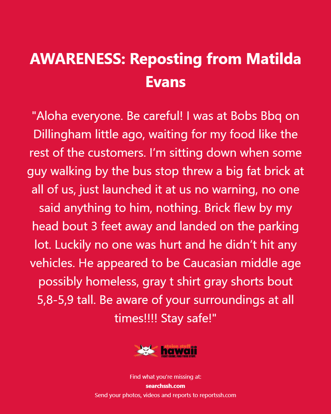 AWARENESS - Oahu | Stolen Stuff Hawaii