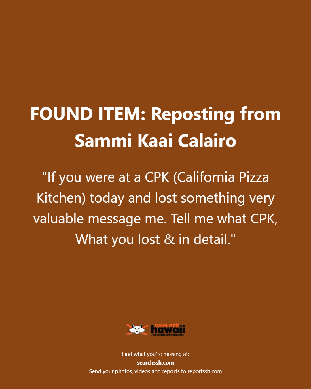 FOUND ITEM - Oahu | Stolen Stuff Hawaii