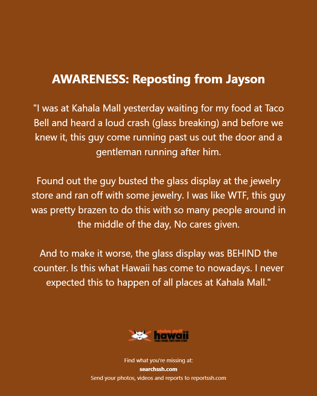AWARENESS - Oahu | Stolen Stuff Hawaii