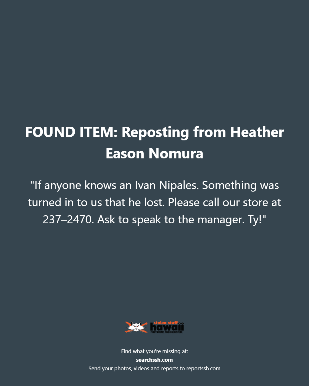 FOUND ITEM - Oahu | Stolen Stuff Hawaii