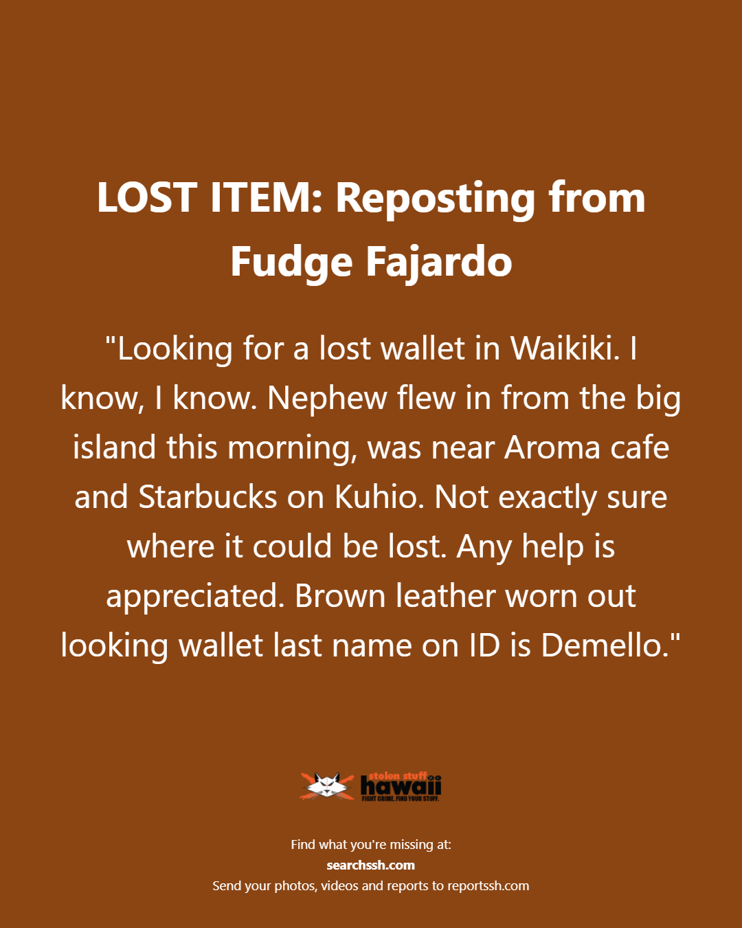 LOST ITEM - Oahu | Stolen Stuff Hawaii