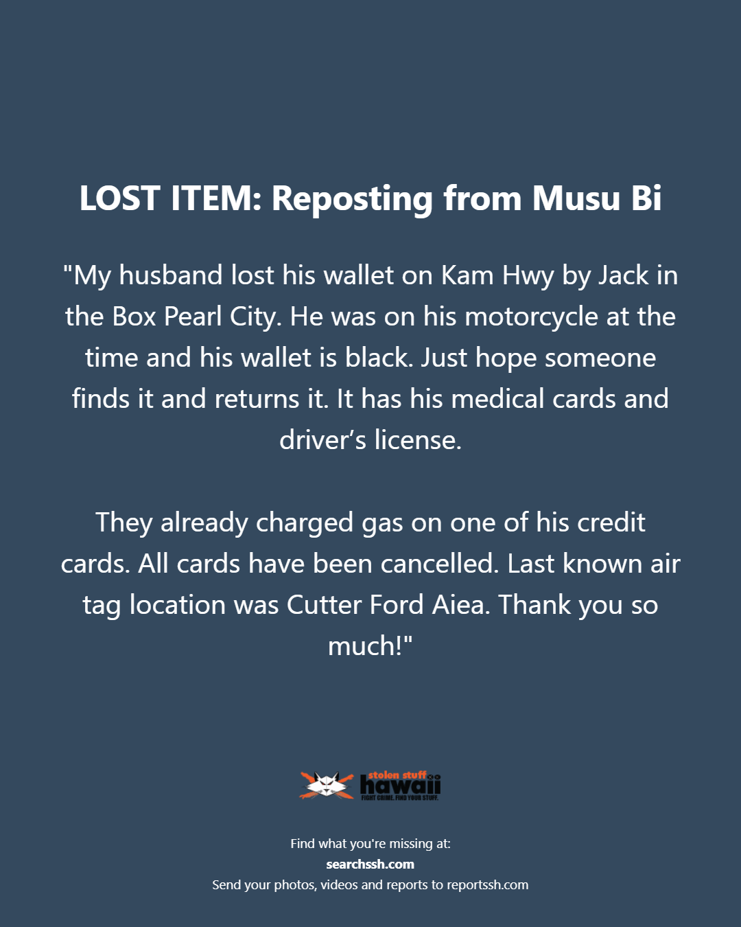 LOST ITEM - Oahu | Stolen Stuff Hawaii