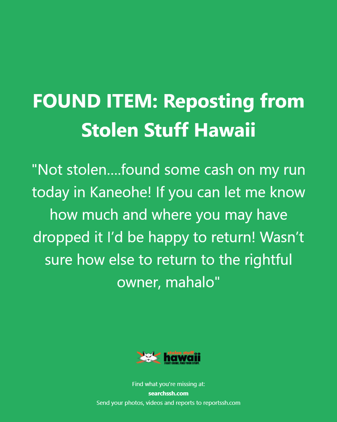 FOUND ITEM - Oahu | Stolen Stuff Hawaii