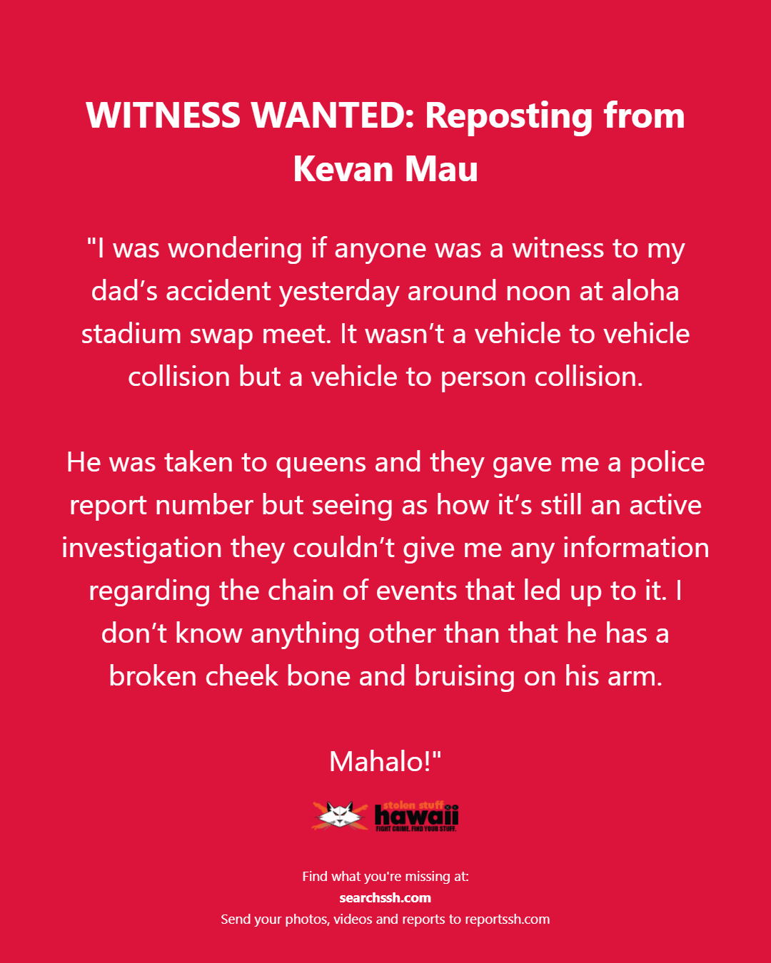 WITNESS WANTED - Oahu | Stolen Stuff Hawaii