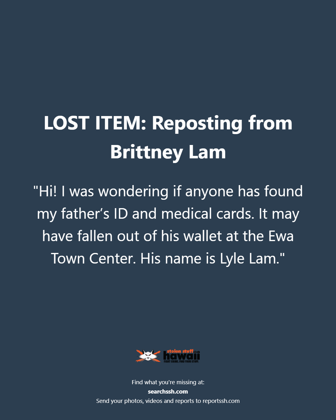 LOST ITEM - Oahu | Stolen Stuff Hawaii
