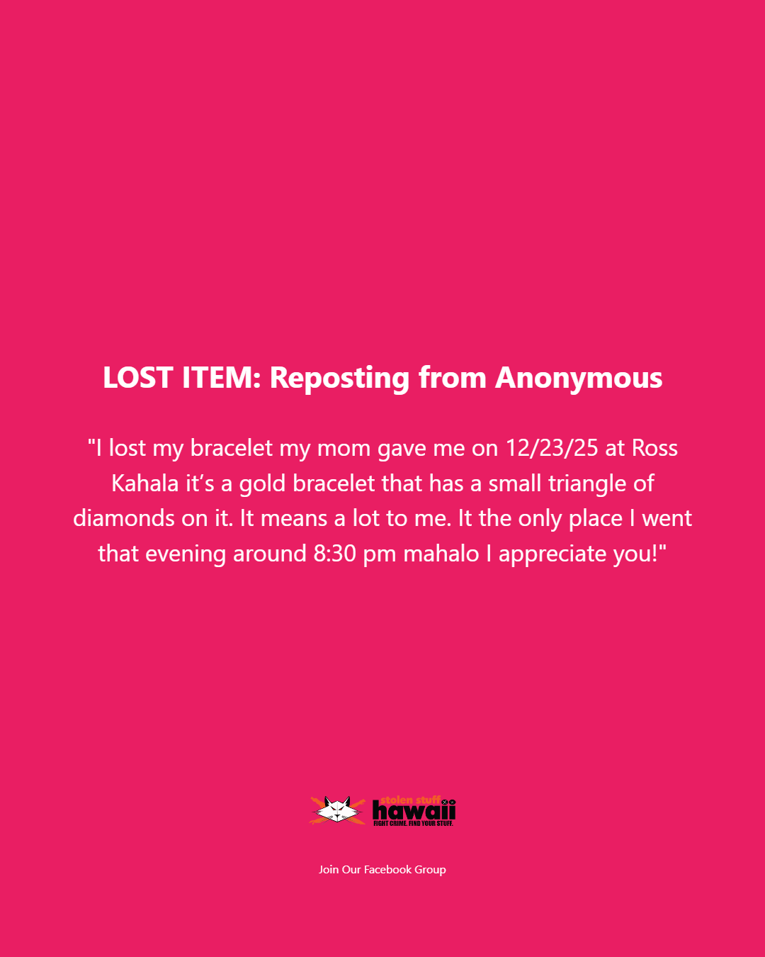 LOST ITEM - Oahu | Stolen Stuff Hawaii