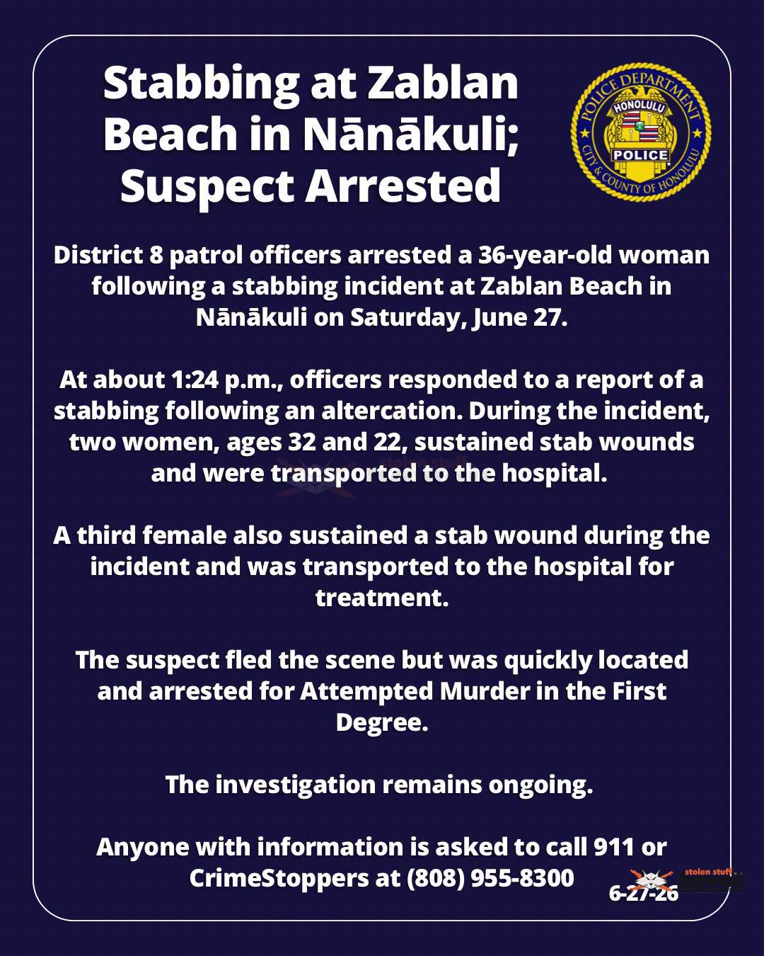 ATTEMPTED MURDER - Oahu | Stolen Stuff Hawaii