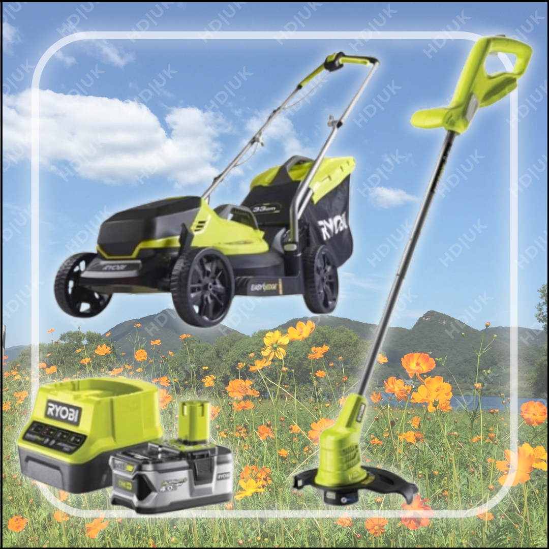 Ryobi 18V ONE+™ Cordless 33cm Lawnmower & 23cm Grass Trimmer (1 x 5.0Ah)