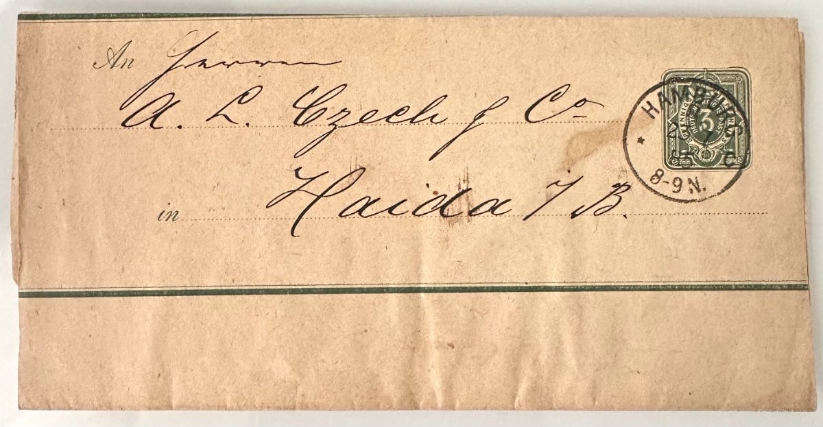German Empire Postal Stationery Cover 3 Pfennig, Hamburg to Haida Bohemia, 1885