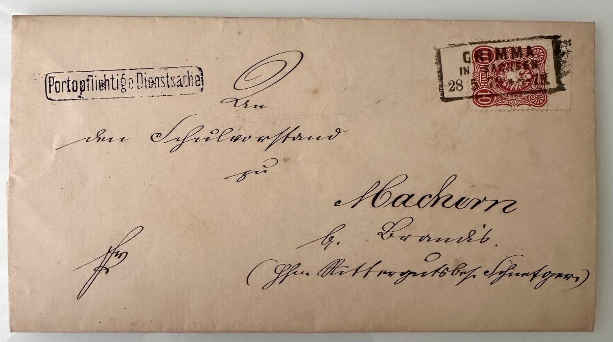 1879 Saxony official school letter Grimma–Machern with 10 Pfennig stamp and green embossed seal