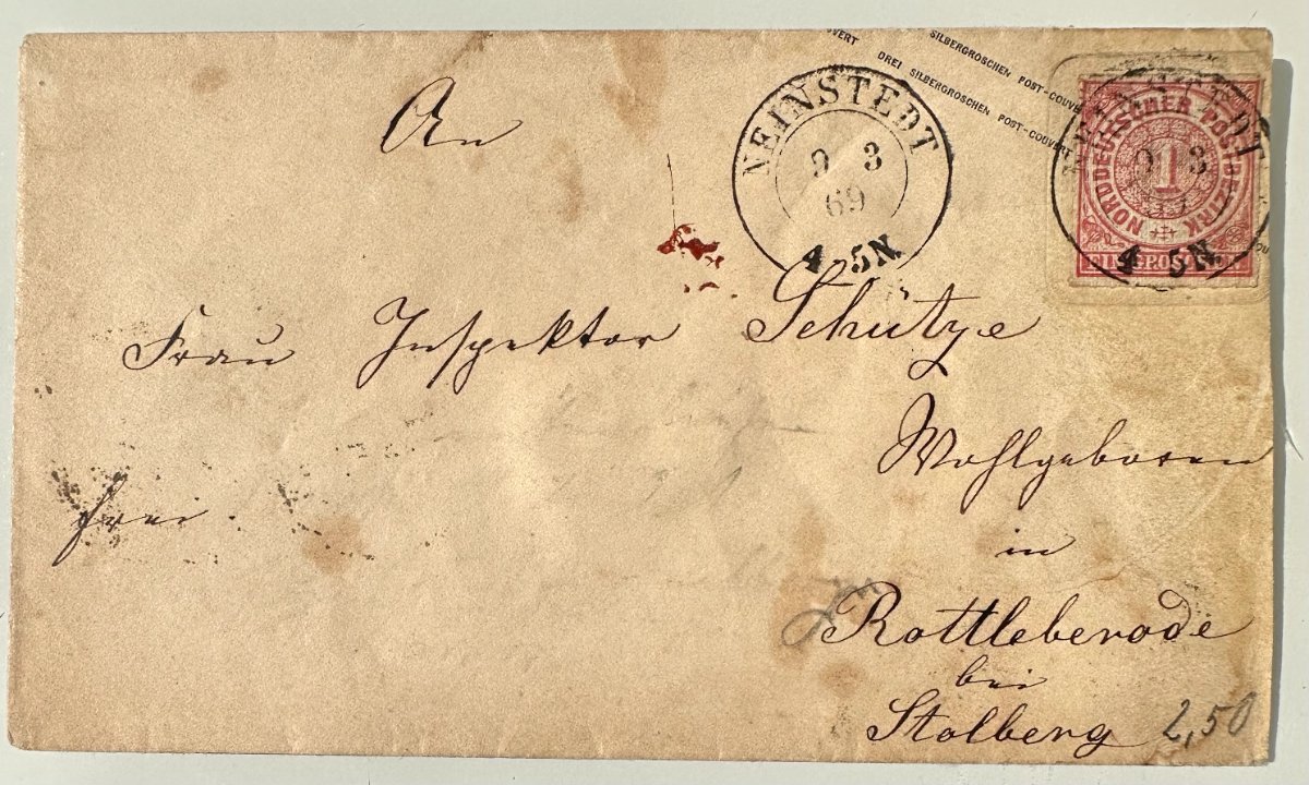 Antique North German Confederation Postal Stationery Cover – Neinstedt to Rottleberode – 1869