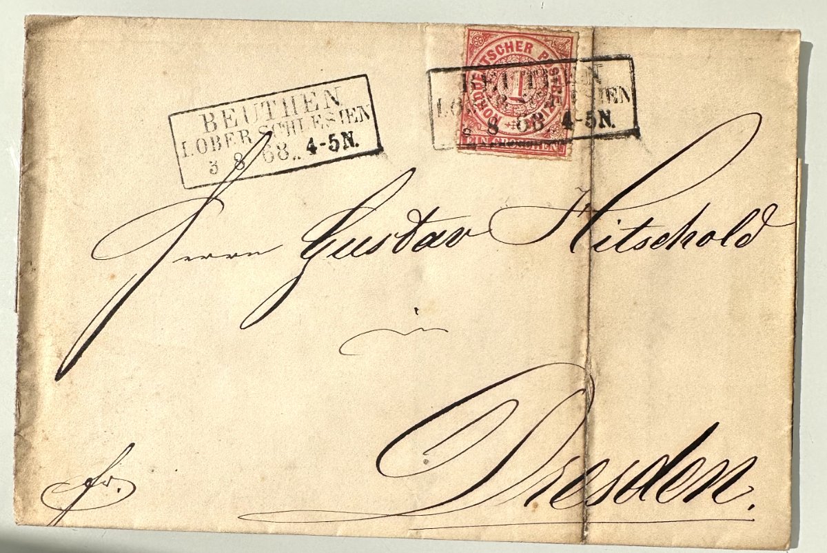 Antique North German Confederation Letter 1868 – Beuthen to Dresden – 1 Groschen