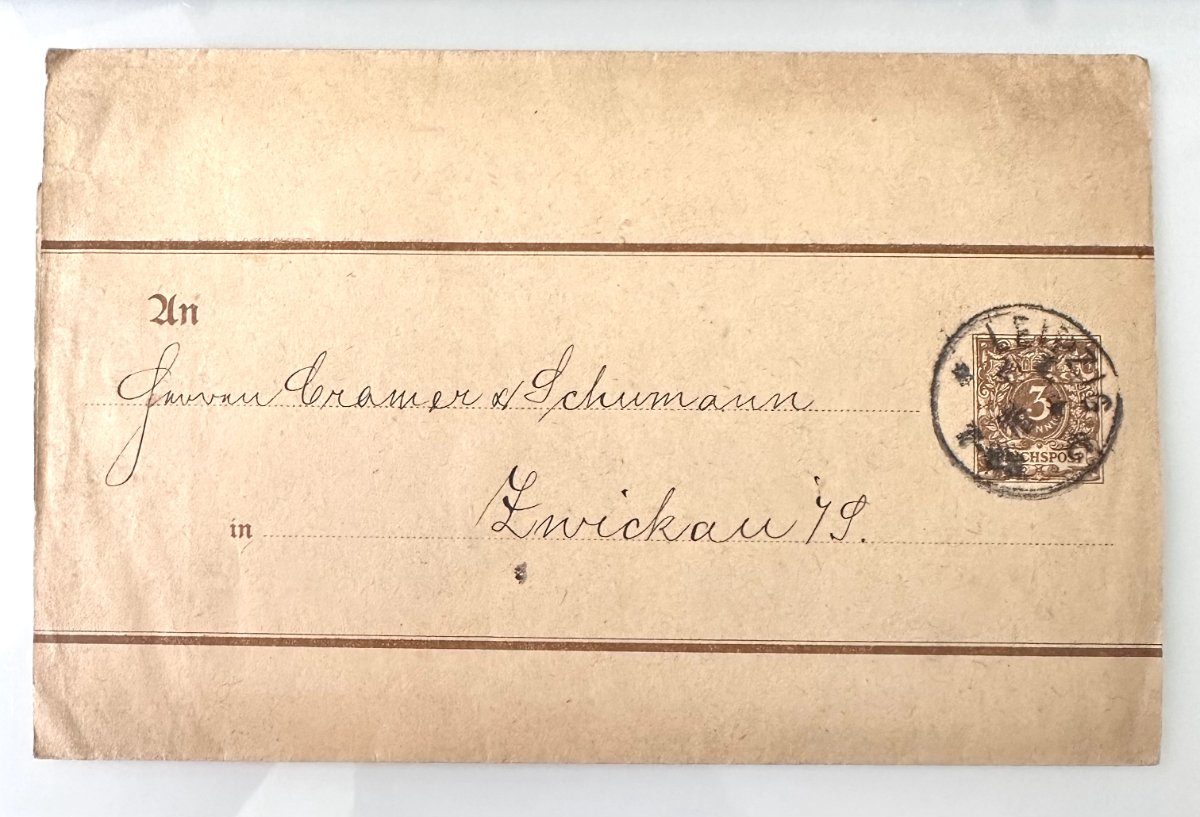 Antique German Empire Postal Stationery Cover, 3 Pfennig Reichspost, 1880–1890 Leipzig to Zwickau