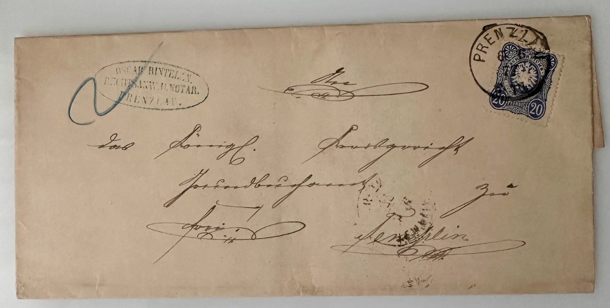c.1870s German Empire notary cover Prenzlau – Templin with 20 Pfennig stamp