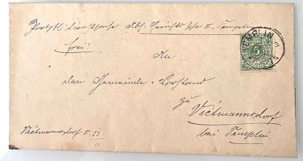 German Empire Cover, 5 Pfennig Reichspost, Templin to Vietmannsdorf, 1890 Official Mail