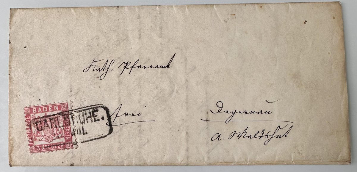 1868 Baden 3 Kreuzer cover Karlsruhe – Waldshut with full municipal letter