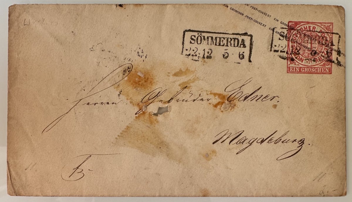 Antique North German Confederation Postal Stationery Cover – Sömmerda to Magdeburg – 1 Groschen 1868–1871