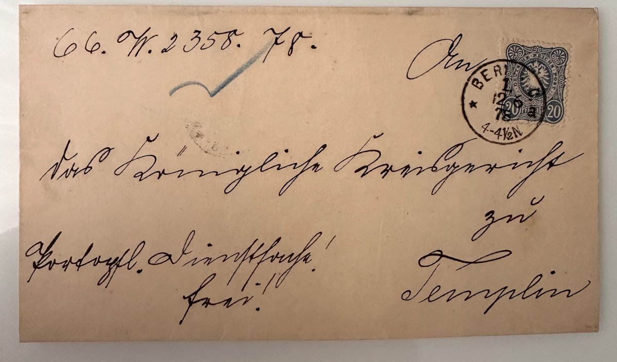 1878 German Empire cover Berlin – Templin with 20 Pfennig blue stamp