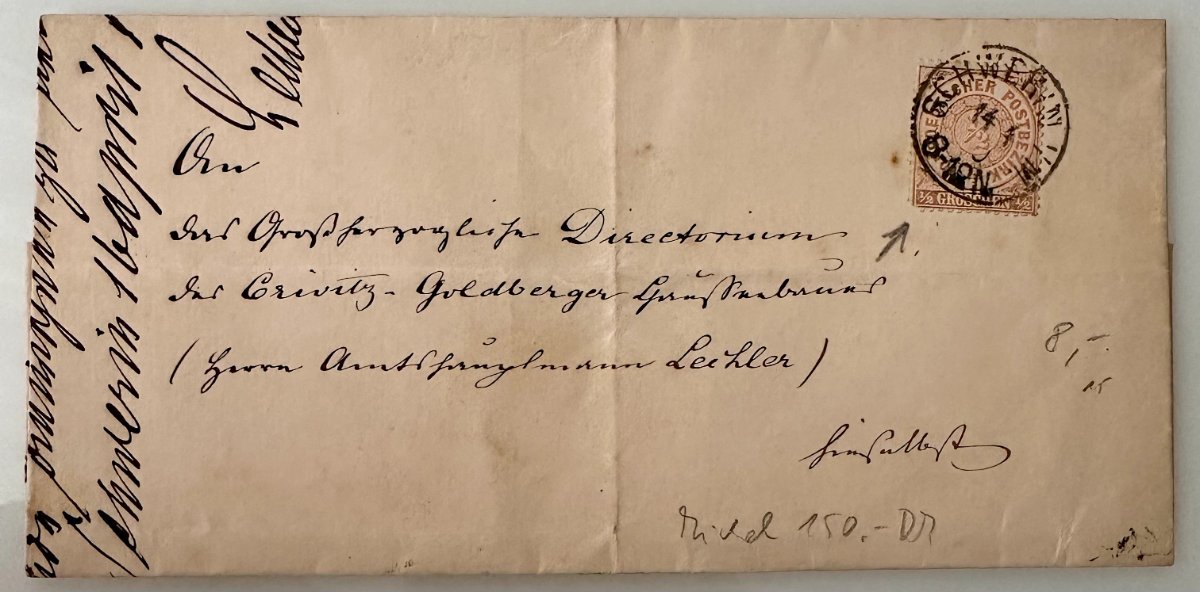 c.1870s German ½ Groschen cover Schwerin – Crivitz‑Goldberg Railway directorate