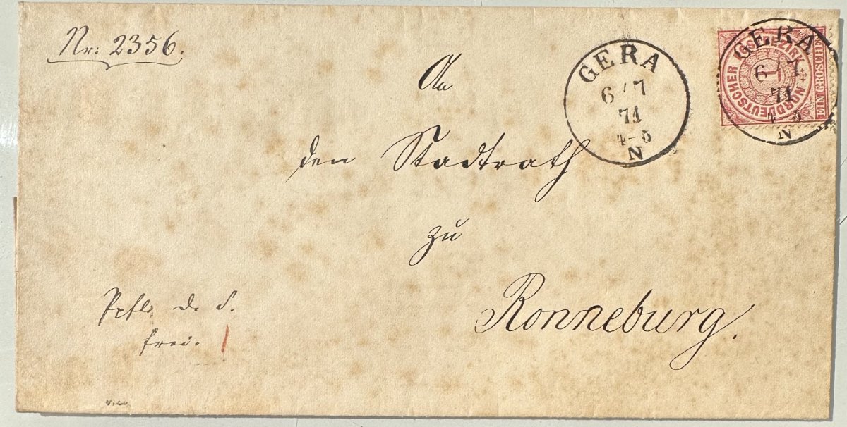 Antique North German Confederation Letter 1871 – Gera to Ronneburg – 1 Groschen