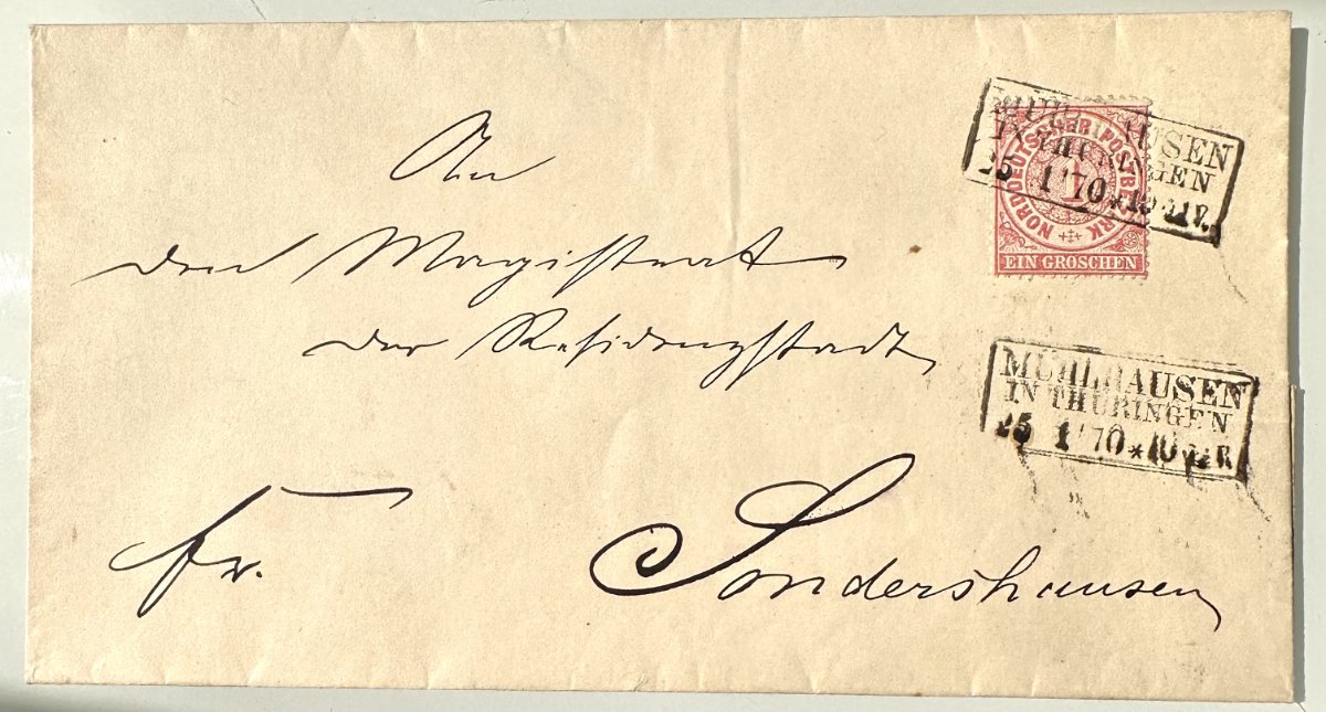 Antique North German Confederation Letter – 1 Groschen – Mühlhausen to Sondershausen. 1860