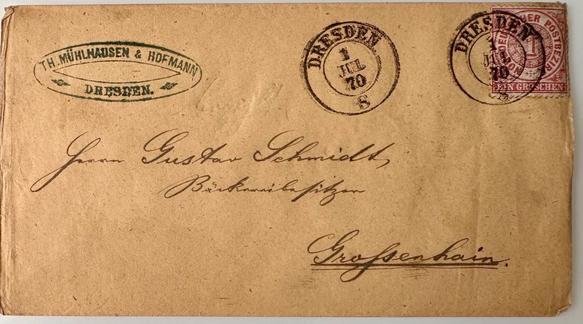 Antique North German Confederation Cover 1870 – Dresden to Greifenhain – 1 Groschen