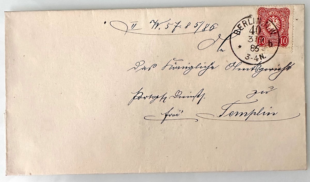 1885 Berlin – Templin German Empire cover with 10 Pfennig stamp and clear Berlin postmark