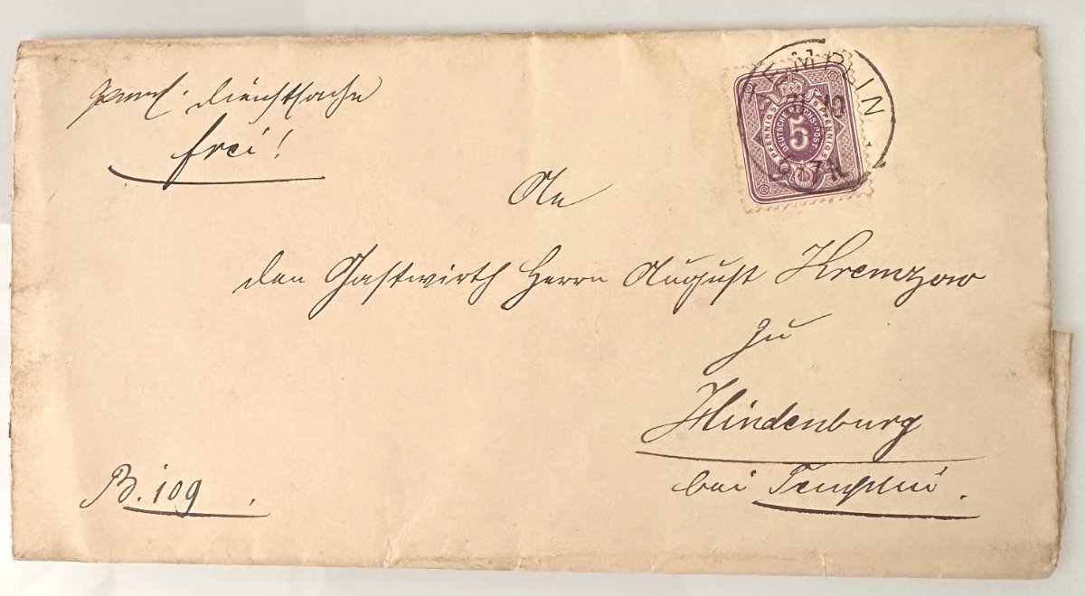 German Empire Cover 1887, 5 Pfennig Deutsche Reichspost, Templin to Hindenburg, Prussian Court Seal