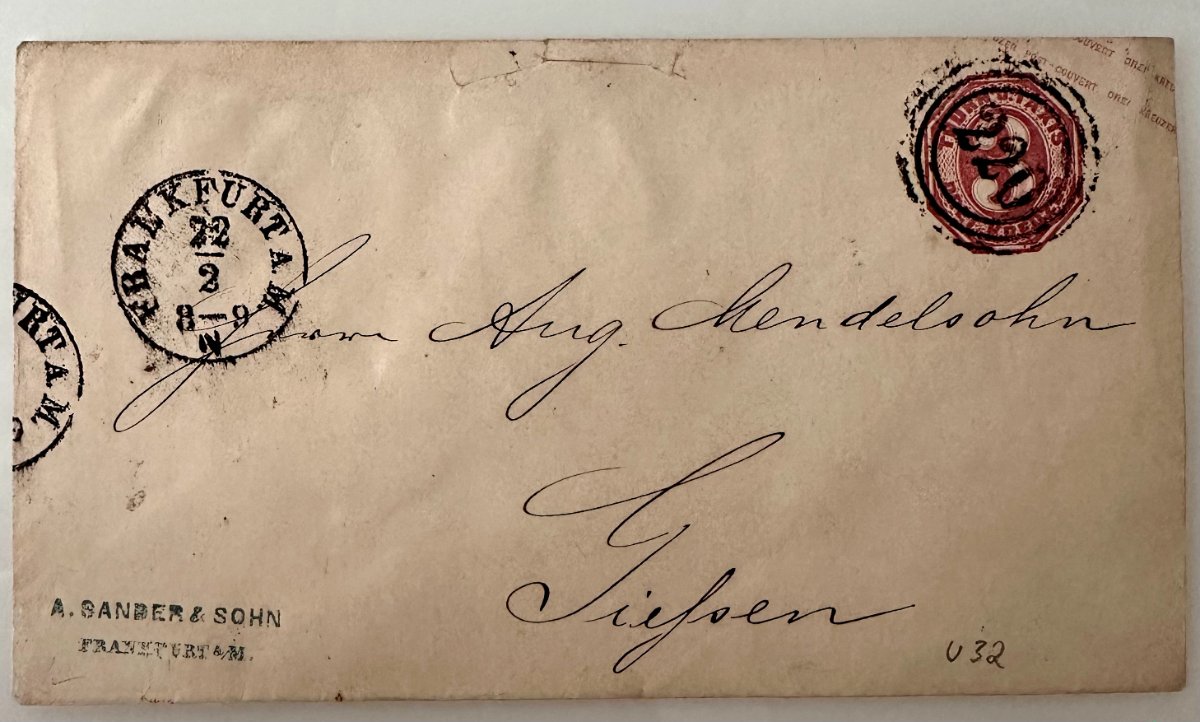c.1870s German 3 Kreuzer postal stationery cover Frankfurt am Main – Gießen