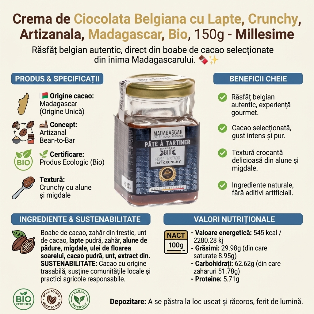 Crema de Ciocolata Belgiana cu Lapte, Crunchy, Artizanala, Madagascar, Bio, 150g - Millesime 4