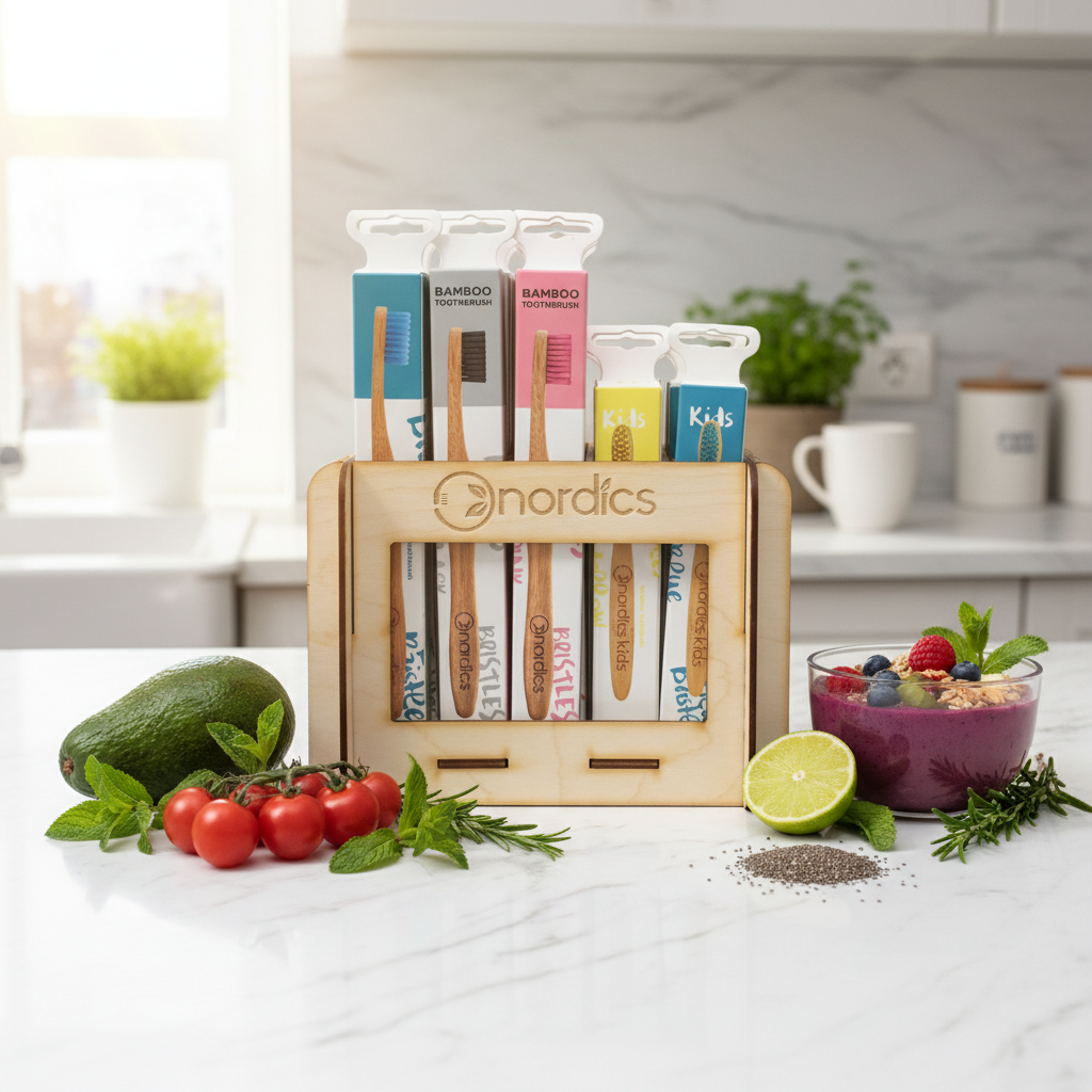 Suport Display din Lemn Natural pentru 20 Periuțe Nordics – Soluție Elegantă de Expunere la Raft 2