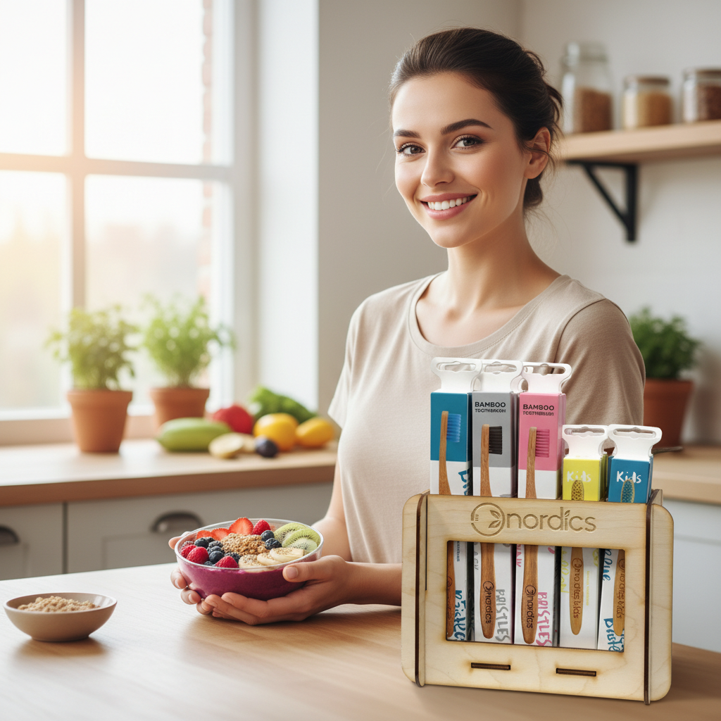 Suport Display din Lemn Natural pentru 20 Periuțe Nordics – Soluție Elegantă de Expunere la Raft 3