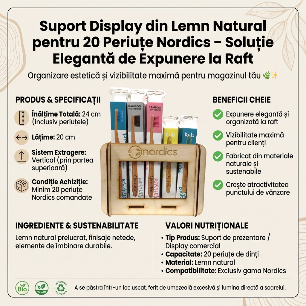 Suport Display din Lemn Natural pentru 20 Periuțe Nordics – Soluție Elegantă de Expunere la Raft 4