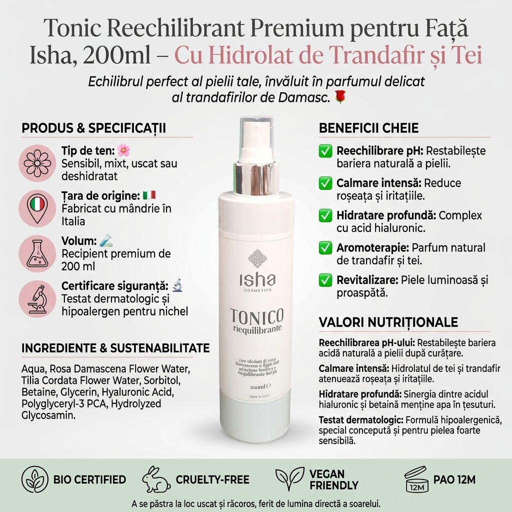 Tonic Reechilibrant Premium pentru Față Isha, 200ml – Cu Hidrolat de Trandafir și Tei 4