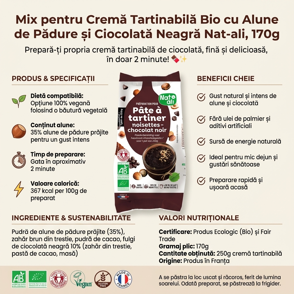 Mix pentru Cremă Tartinabilă Bio cu Alune de Pădure și Ciocolată Neagră Nat-ali, 170g 4