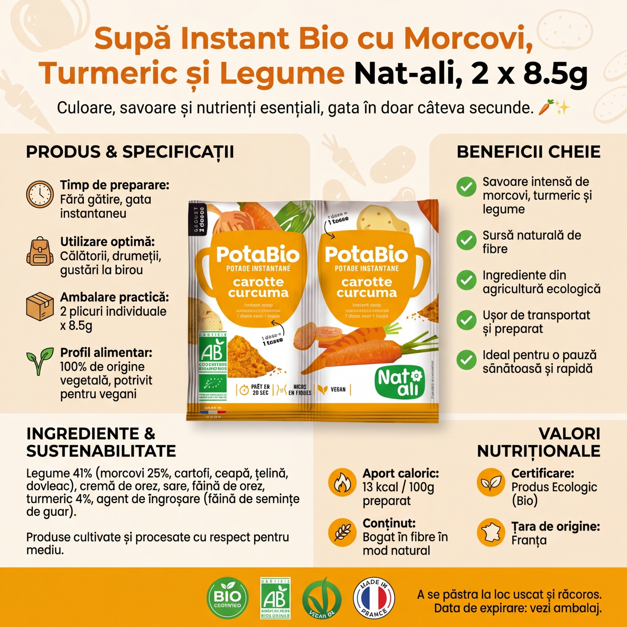 Supă Instant Bio cu Morcovi, Turmeric și Legume Nat-ali, 2 x 8.5g 4