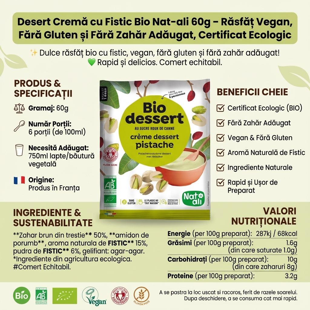 Desert Cremă cu Fistic Bio Nat-ali 60g – Răsfăț Vegan, Fără Gluten și Fără Zahăr Adăugat, Certificat Ecologic 4