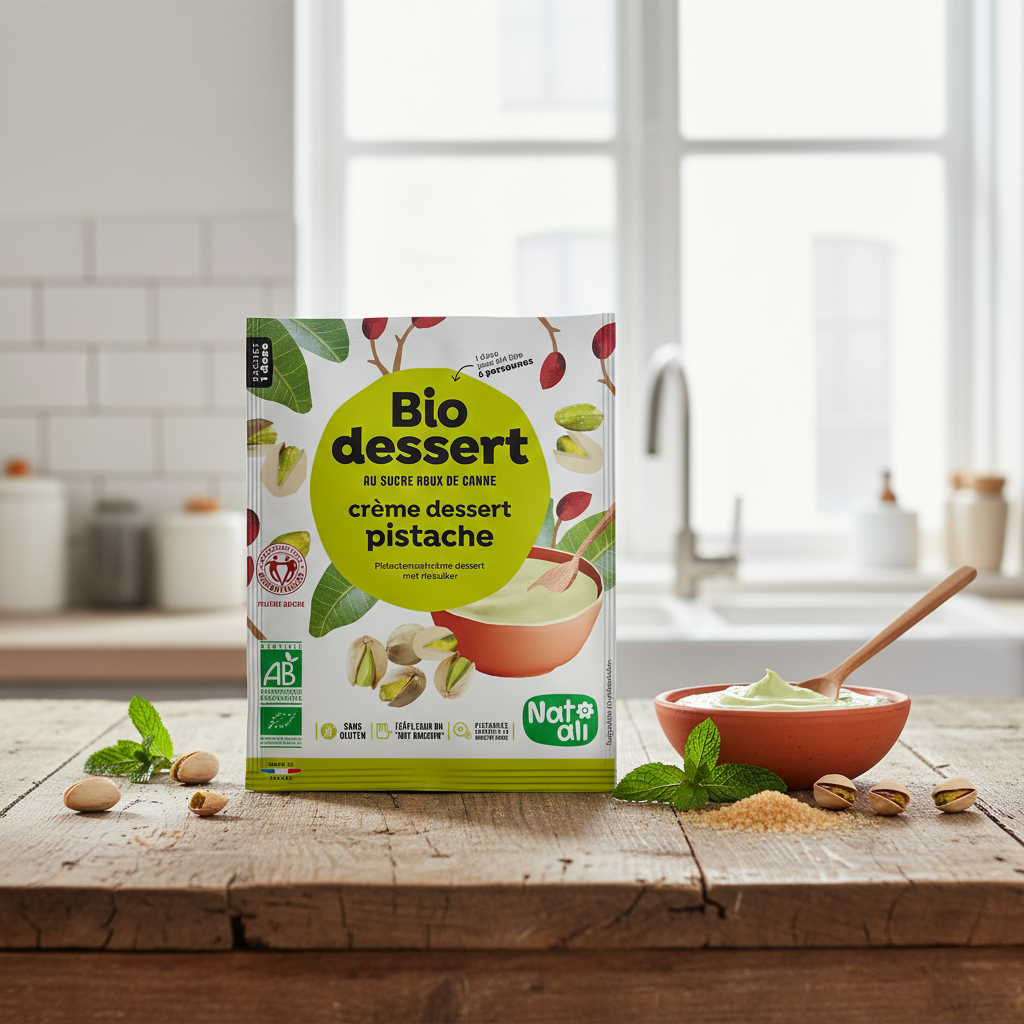 Desert Cremă cu Fistic Bio Nat-ali 60g – Răsfăț Vegan, Fără Gluten și Fără Zahăr Adăugat, Certificat Ecologic