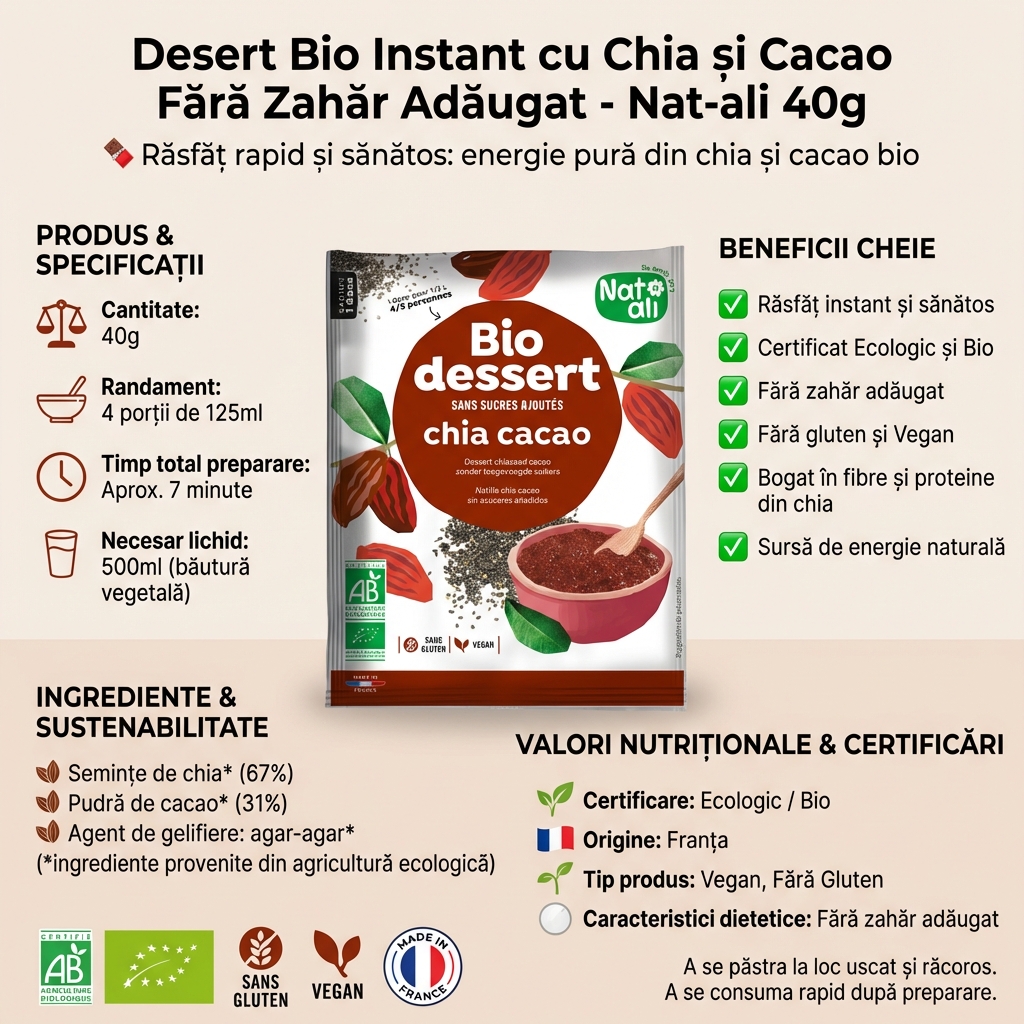 Desert Bio Instant cu Chia și Cacao Fără Zahăr Adăugat - Nat-ali 40g 4